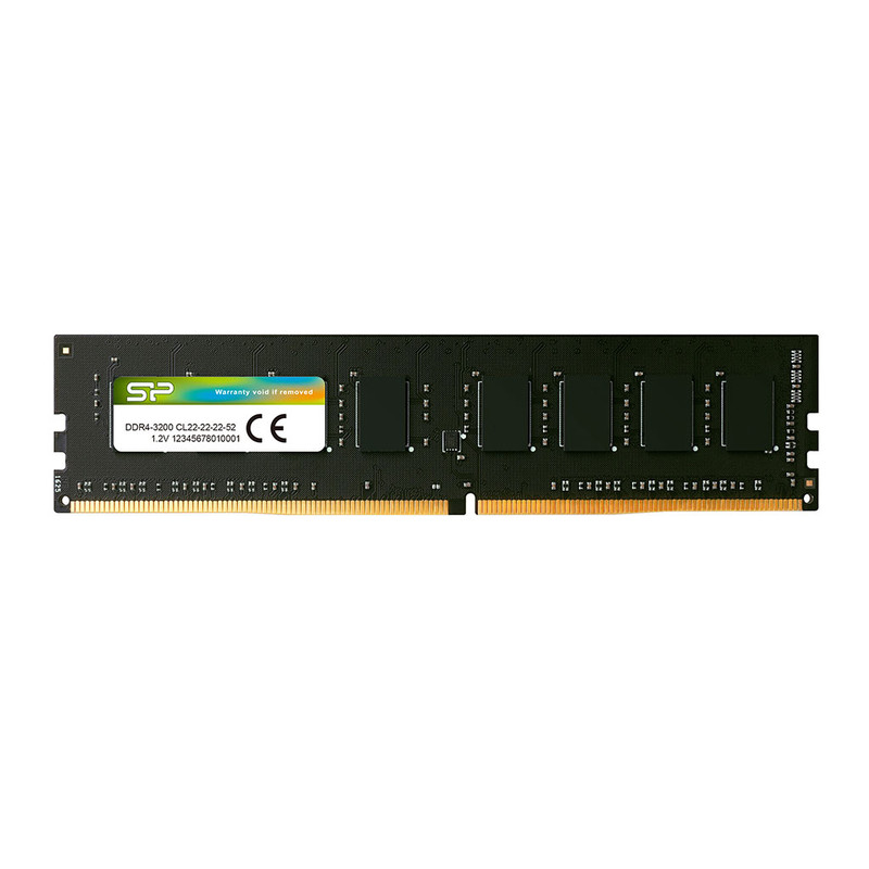 رم دسکتاپ 16 گیگابایتی سیلیکون پاور مدل SP، از نوع DDR4، تک‌کاناله با فرکانس 3200 مگاهرتز، تایمینگ CL22، ولتاژ 1.2 ولت و ماژول U-DIMM