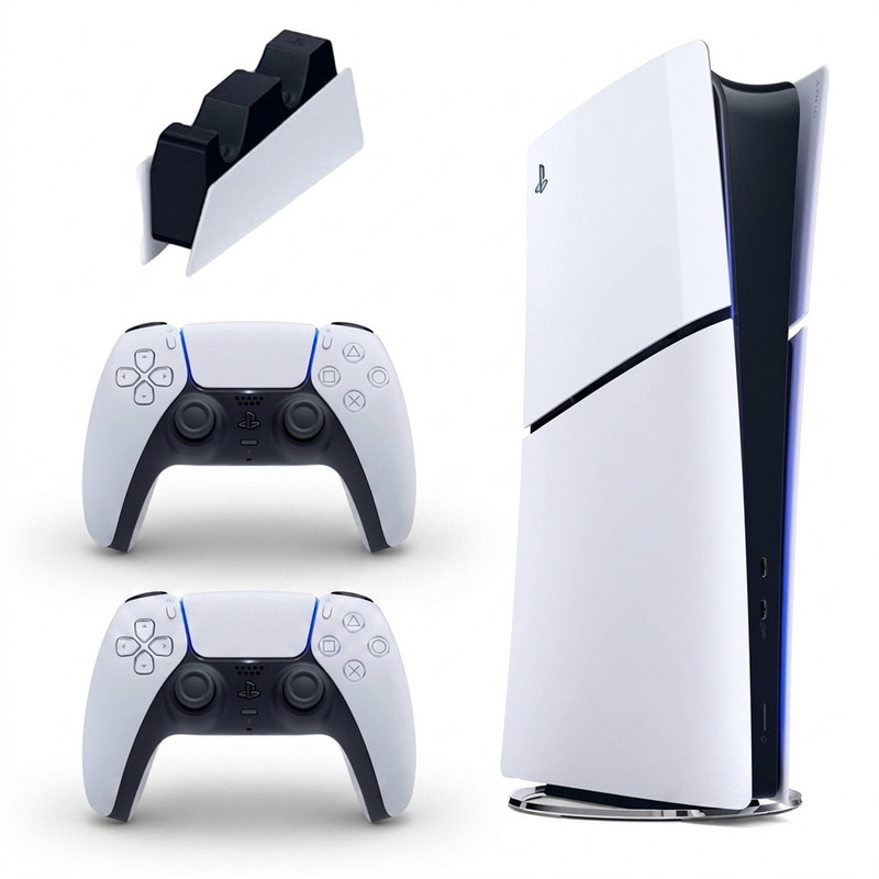 کنسول بازی سونی مدل PlayStation 5 Slim Digital Edition ظرفیت 825 گیگابایت ریجن CFI-2116 اروپا  به همراه دسته اضافی و پایه شارژر