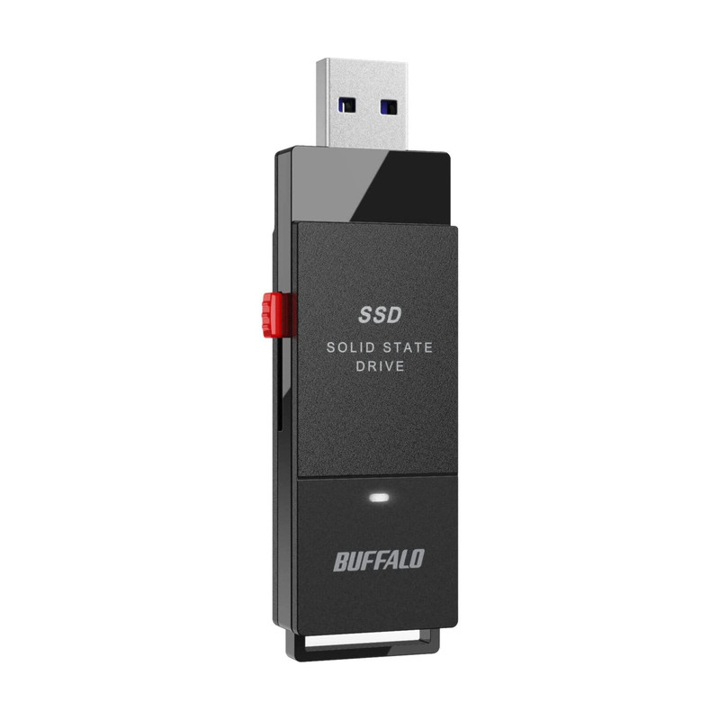 فلش SSD قابل حمل 1 ترابایتی بوفالو مدل External SSD PUT1.0U3B US Portable، با سرعت خواندن تا 600 مگابایت بر ثانیه، مقاوم در برابر شوک و لرزش، دارای سری USB-A کشویی و تبدیل USB-A به USB-C