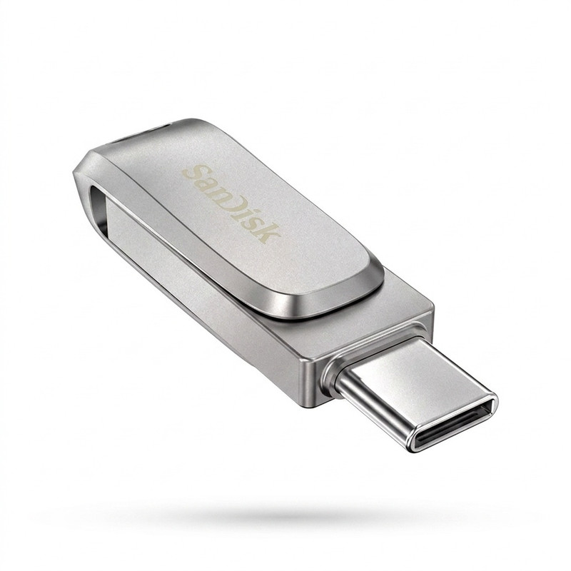فلش مموری 32 گیگابایت سن دیسک مدل Ultra Dual Drive Luxe با رابط‌های USB Type-A و USB Type-C، استاندارد USB 3.2 Gen1 و بدنه فلزی چرخشی