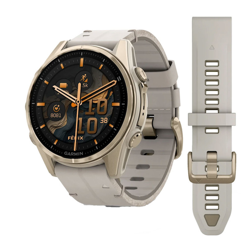ساعت هوشمند گارمین مدل Fenix 8 - 43mm AMOLED، مناسب برای ورزش، نمایش میزان ضربان قلب، کنترل سطح اکسیژن خون، بند سیلیکون
