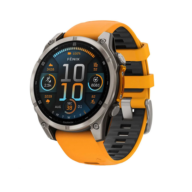 ساعت هوشمند 47 میلی‌متری گارمین مدل Fenix 8 AMOLED دارای قابلیت های صفحه نمایش لمسی، کنترل موسیقی، کنترل سطح اکسیژن خون، ضد آب، بند سیلیکون