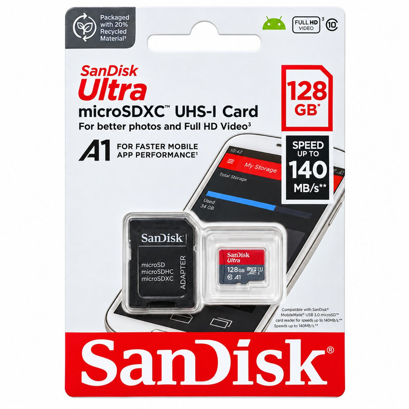 کارت حافظه microSDXC سندیسک مدل Ultra A1 کلاس 10 استاندارد UHS-I U1 سرعت 140 مگابایت بر ثانیه ظرفیت 128 گیگابایت