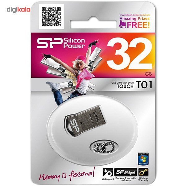 فلش مموری 32 گیگابایتی سیلیکون پاور مدل Touch T01، رابط USB 2.0، ضد آب، ضدشوک و لرزش، مقاوم در برابر گردوغبار و مجهز به زنجیر حمل