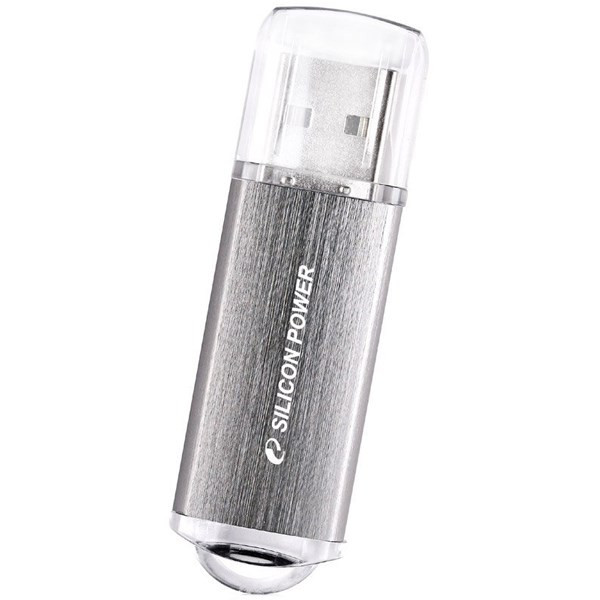 فلش مموری 64 گیگابایتی سیلیکون پاور مدل Ultima II i-Series، با رابط USB 2.0 و USB 1.1، بدنه آلومینیومی مات مقاوم در برابر خط‌وخش و اثرانگشت، نشانگر LED و درپوش محافظ