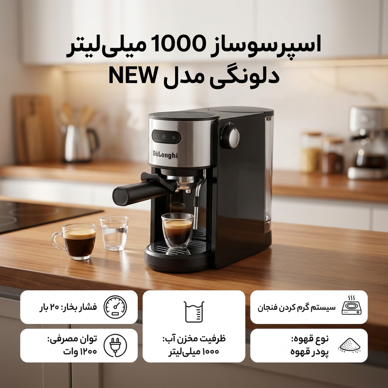 اسپرسوساز خانگی نیمهاتوماتیک با فشار بخار 20 بار و توان 1200 وات، سیستم بویلر و دمآوری فیلتری، نازل بخار دستی، بسکت دبل تحت فشار و سیستم گرمکن فنجان