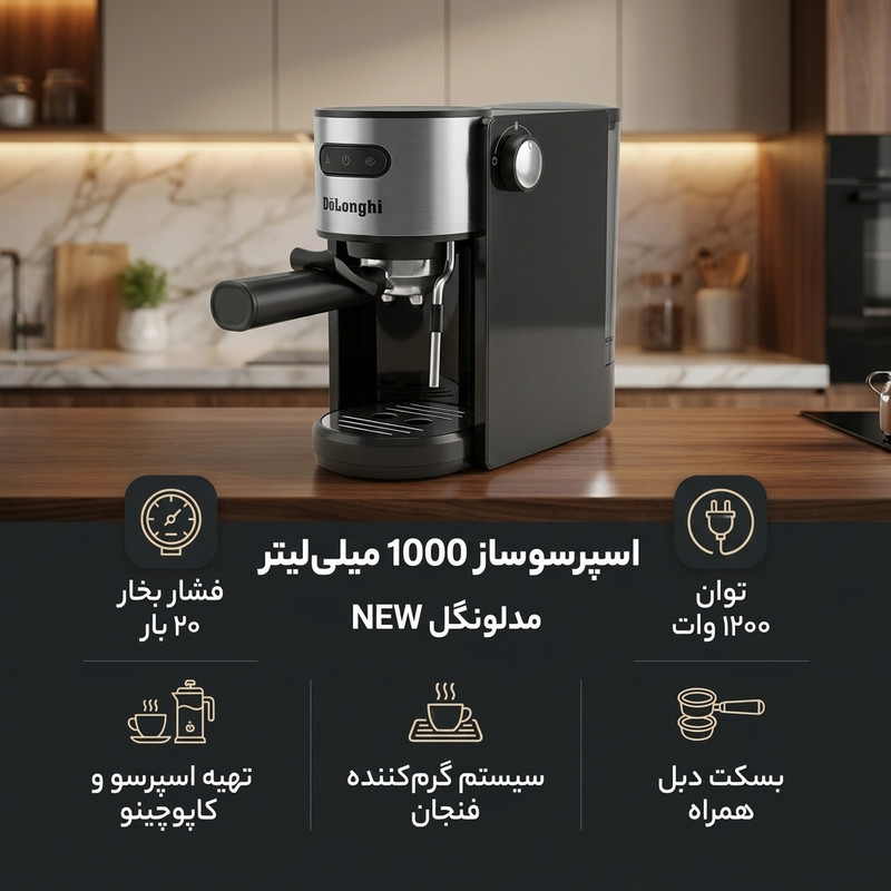 اسپرسوساز خانگی نیمهاتوماتیک با فشار بخار 20 بار و توان 1200 وات، سیستم بویلر و دمآوری فیلتری، نازل بخار دستی، بسکت دبل تحت فشار و سیستم گرمکن فنجان