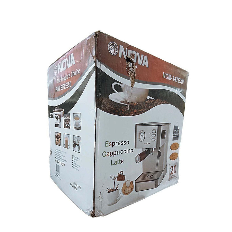اسپرسوساز نیمه صنعتی 1700 میلیلیتری نوا مدل NCM-147EXPS، با مصرف پودر قهوه، مناسب تهیه اسپرسو، کافه لاته و کاپوچینو، دارای سینی چکه گیر، سیستم گرم کردن فنجان، حالت آماده به کار