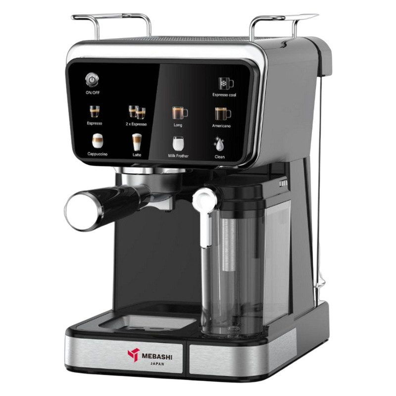 اسپرسوساز خانگی مباشی مدل ME-ECM2505، ظرفیت مخزن آب 1500 میلیلیتر، نیمه اتوماتیک با مصرف پودر قهوه، مناسب تهیه کافه لاته، فشار بخار 20 بار، با 1 نازل قهوه و صفحه نمایش لمسی