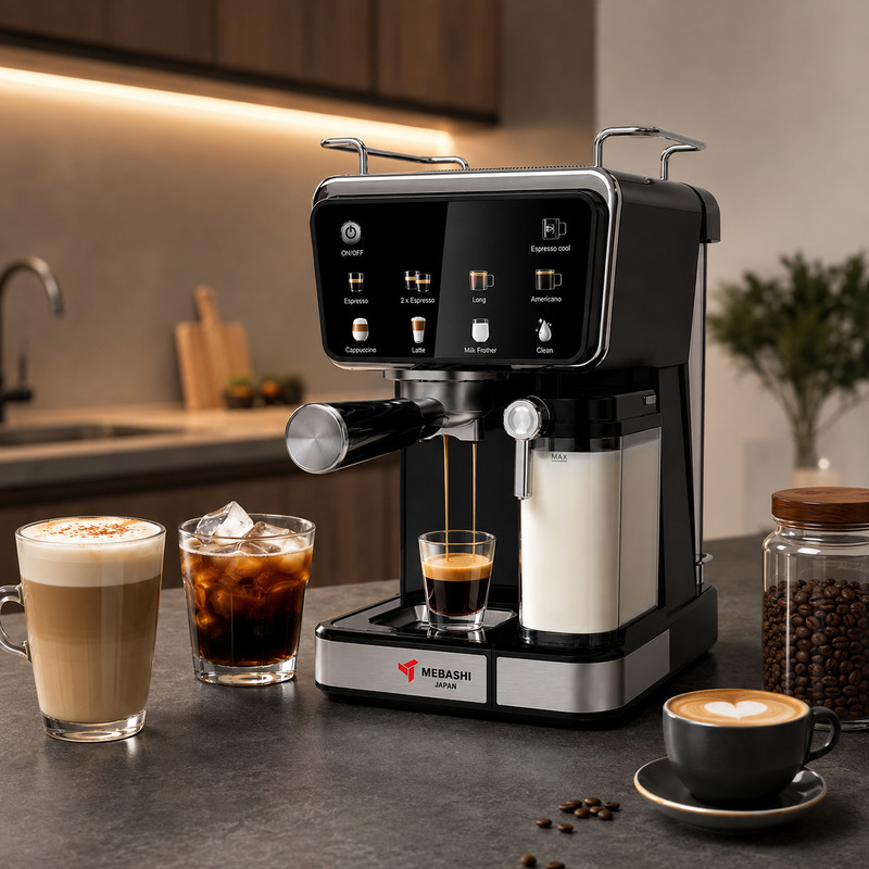 اسپرسوساز خانگی مباشی مدل ME-ECM2505، ظرفیت مخزن آب 1500 میلیلیتر، نیمه اتوماتیک با مصرف پودر قهوه، مناسب تهیه کافه لاته، فشار بخار 20 بار، با 1 نازل قهوه و صفحه نمایش لمسی
