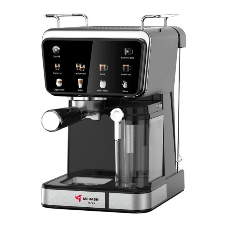 اسپرسوساز خانگی مباشی مدل ME-ECM2505، ظرفیت مخزن آب 1500 میلیلیتر، نیمه اتوماتیک با مصرف پودر قهوه، مناسب تهیه کافه لاته، فشار بخار 20 بار، با 1 نازل قهوه و صفحه نمایش لمسی