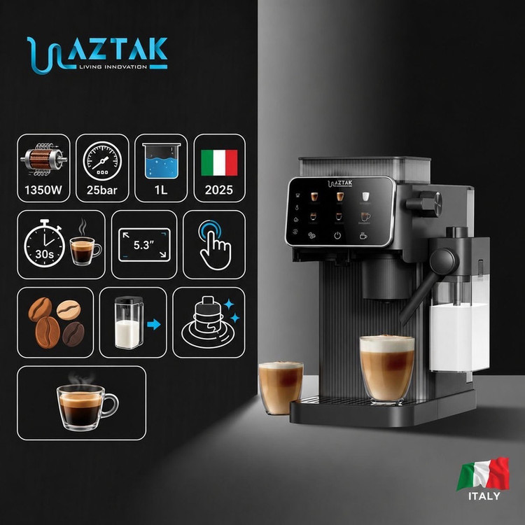 اسپرسوساز نیمهصنعتی آزتک مدل AZ-8103، تمام اتوماتیک با مصرف دانه قهوه، مخزن آب 1000 میلیلیتر، مخزن دانه 400 گرم، مخزن شیر 500 میلیلیتر، مناسب تهیه شیر گرم، 2 نازل قهوه و نازل بخار اتوماتیک