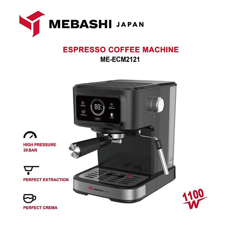 اسپرسوساز خانگی مباشی مدل ME-ECM2121، ظرفیت مخزن آب 1500 میلیلیتر، تمام اتوماتیک با مصرف پودر قهوه، مناسب تهیه امریکانو، فشار بخار 20 بار، مجهز به پنل لمسی و نازل بخار دستی