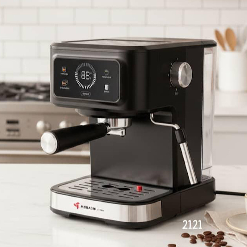 اسپرسوساز خانگی مباشی مدل ME-ECM2121، ظرفیت مخزن آب 1500 میلیلیتر، تمام اتوماتیک با مصرف پودر قهوه، مناسب تهیه امریکانو، فشار بخار 20 بار، مجهز به پنل لمسی و نازل بخار دستی