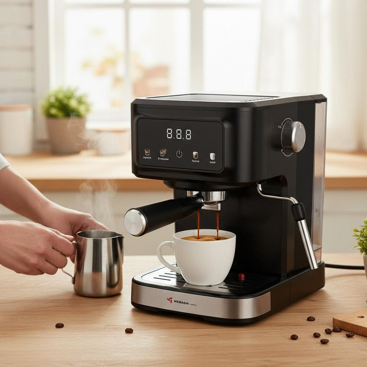 اسپرسوساز خانگی مباشی مدل ME-ECM2118 با ظرفیت مخزن آب 1500 میلیلیتر، نیمه اتوماتیک با مصرف پودر قهوه، فشار بخار 20 بار و تنظیم میزان بخاردهی