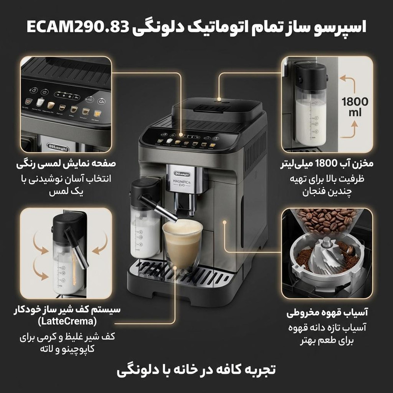 اسپرسوساز خانگی 1800 میلیلیتری دلونگی مدل ECAM290.83، تمام اتوماتیک با مصرف دانه قهوه، مناسب تهیه اسپرسو، کاپوچینو و ریسترتو، دارای 2 عدد نازل قهوه، آسیاب قهوه، سیستم گرم کردن فنجان، مکانیزم نظافت خودکار، سینی چکه گیر