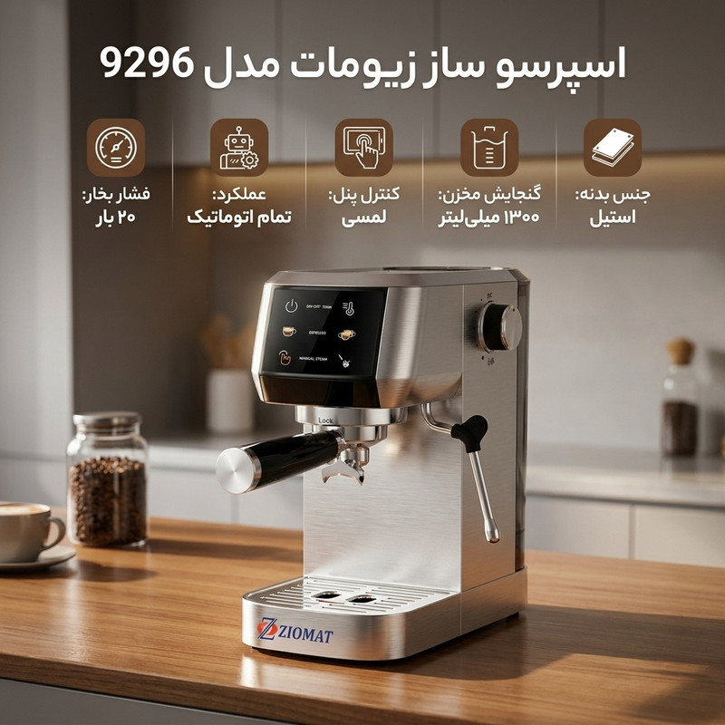 اسپرسوساز خانگی تماماتوماتیک 1300 میلیلیتری زیومات مدل 9296 با فشار بخار 20 بار، توان 1350 وات، قابلیت تنظیم دما و بدنه استیل