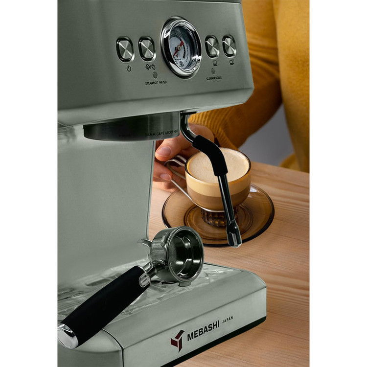 اسپرسوساز خانگی 2200 میلیلیتری مباشی مدل ME-ECM2104B، مناسب تهیه اسپرسو، کافه لاته، موکا، کاپوچینو، ماکیاتو و امریکانو، سیستم گرم کردن فنجان، سینی چکه گیر