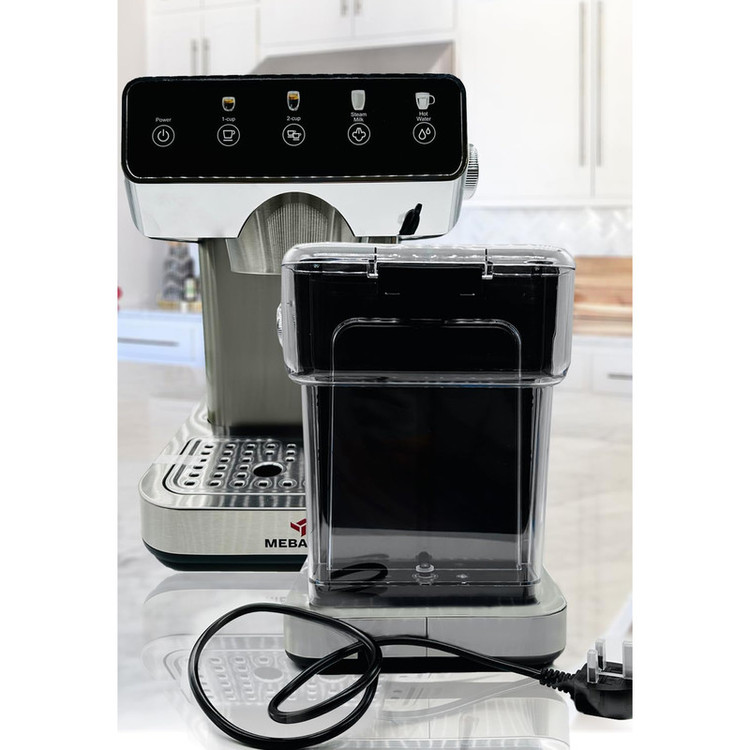 اسپرسو ساز خانگی 1.2 لیتری مباشی مدل ME-ECM2113، نیمه اتوماتیک با مصرف پودر قهوه، مناسب تهیه اسپرسو و کاپوچینو، دارای یک عدد نازل قهوه، تنظیم میزان بخاردهی