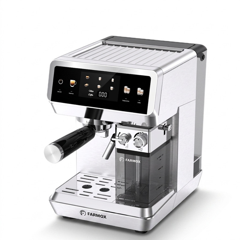 اسپرسوساز خانگی فارموکس مدل FX270 با مخزن آب 1500 میلی‌لیتر، فشار بخار 20 بار، صفحه‌نمایش لمسی و قابلیت تهیه اسپرسو، لاته و کاپوچینو تک و دبل